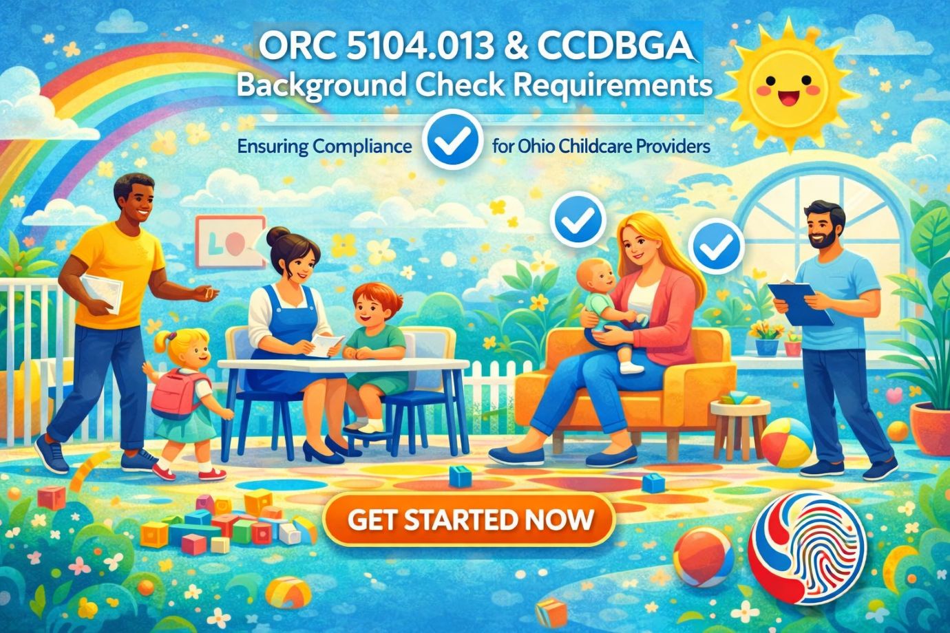 Childcare providers and families in a safe learning environment with ORC 5104.013 and CCDBGA background check requirements, featuring the Quantum Digital Services logo in the bottom right corner