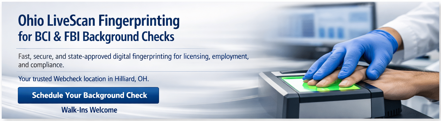 Ohio LiveScan fingerprinting being performed on a digital scanner at Quantum Digital Services, a trusted Webcheck location in Hilliard, Ohio.