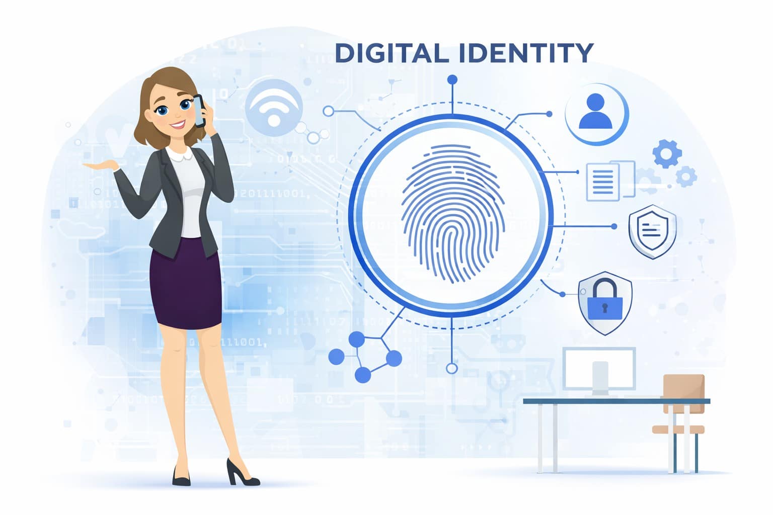 Professional woman beside a blue Livescan fingerprinting graphic symbolizing secure digital identity and compliance for BCI & FBI background check technology for Ohio professionals.